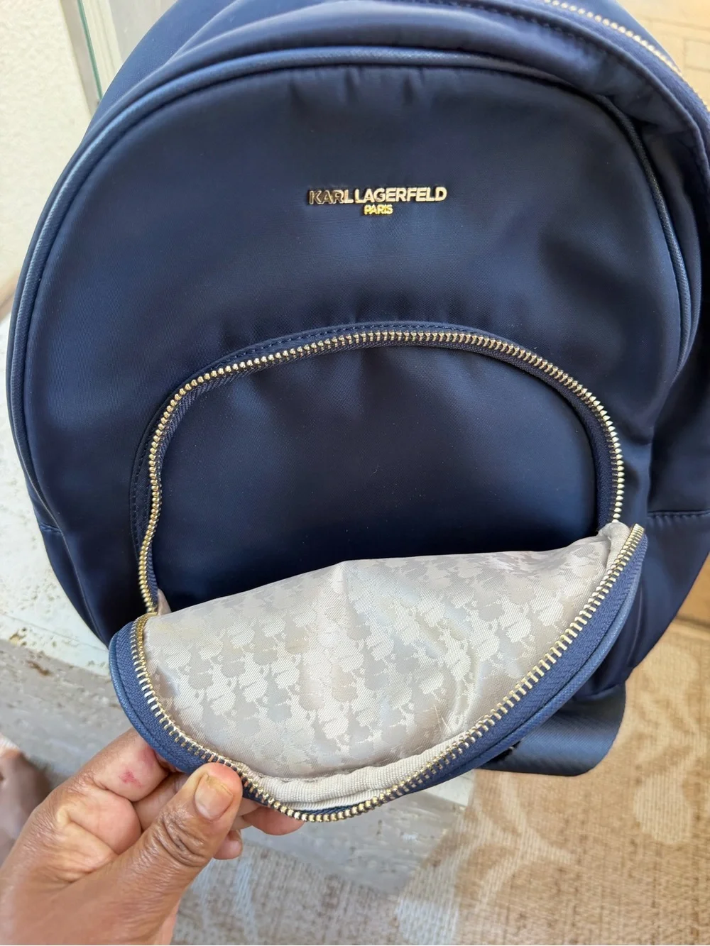 Karl Lagerfeld Navy Backpack with Gold-Tone Logo